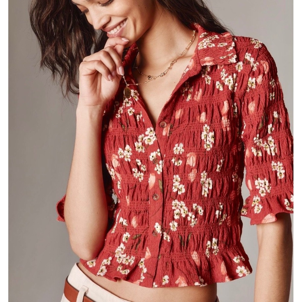 Maeve Anthropologie Smocked Button Front Floral Red Top Women Small Cottagecore
